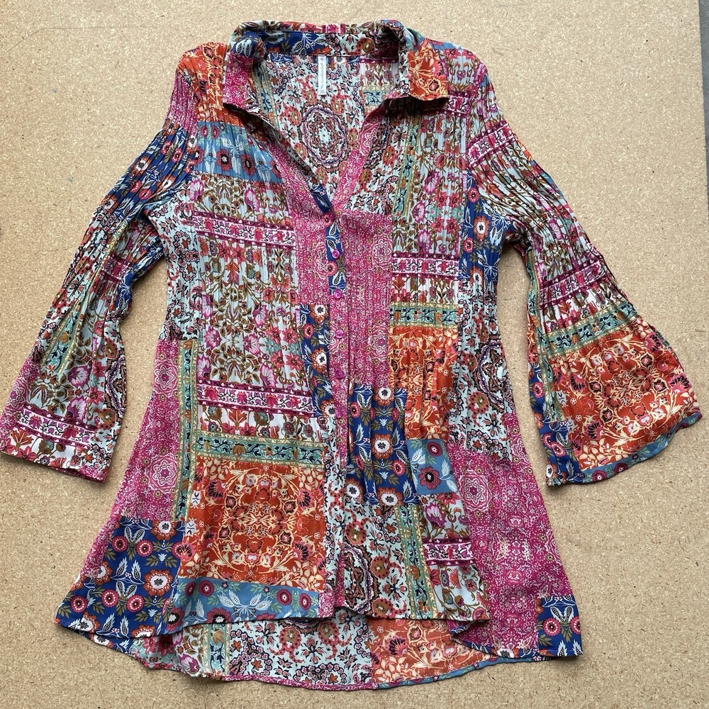 Passports Blouse Women XL Multicolor Paisley Long Sleeve Ruffle Sheer Button Up